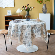 peony print linen-look tablecloth with tassels, view 5 - MRSLM