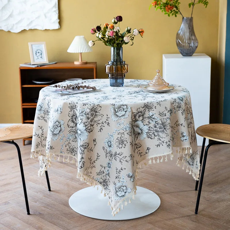 peony print linen-look tablecloth with tassels, view 5 - MRSLM