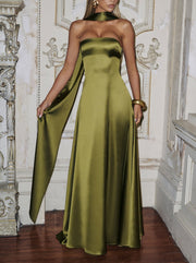 strapless satin maxi dress, view 7 - MRSLM