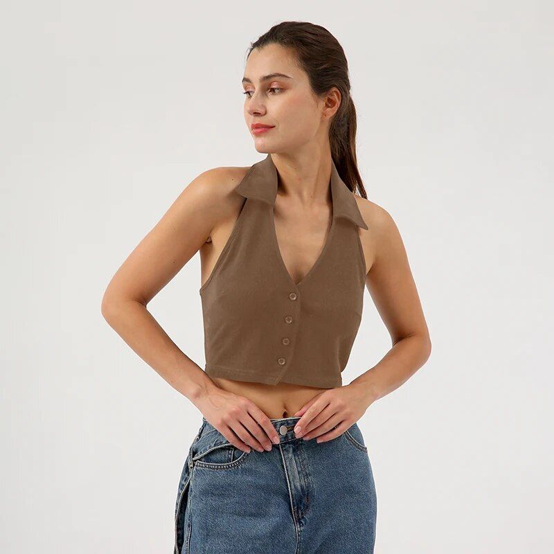 Cropped halter top, cotton-polyester blend, view 3 - MRSLM