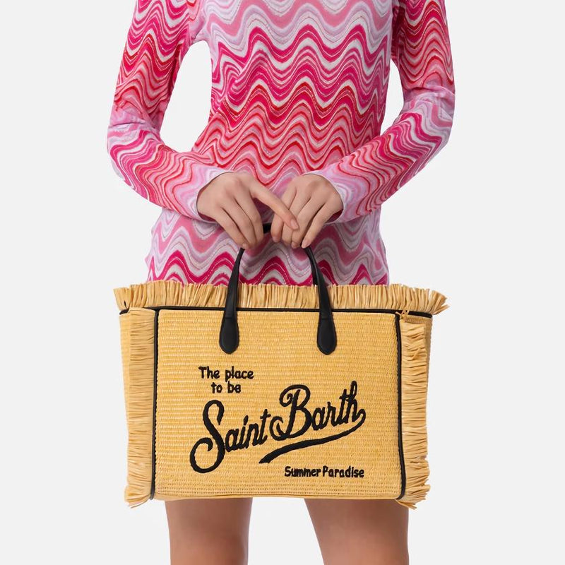 embroidered straw tote, view 3 - MRSLM