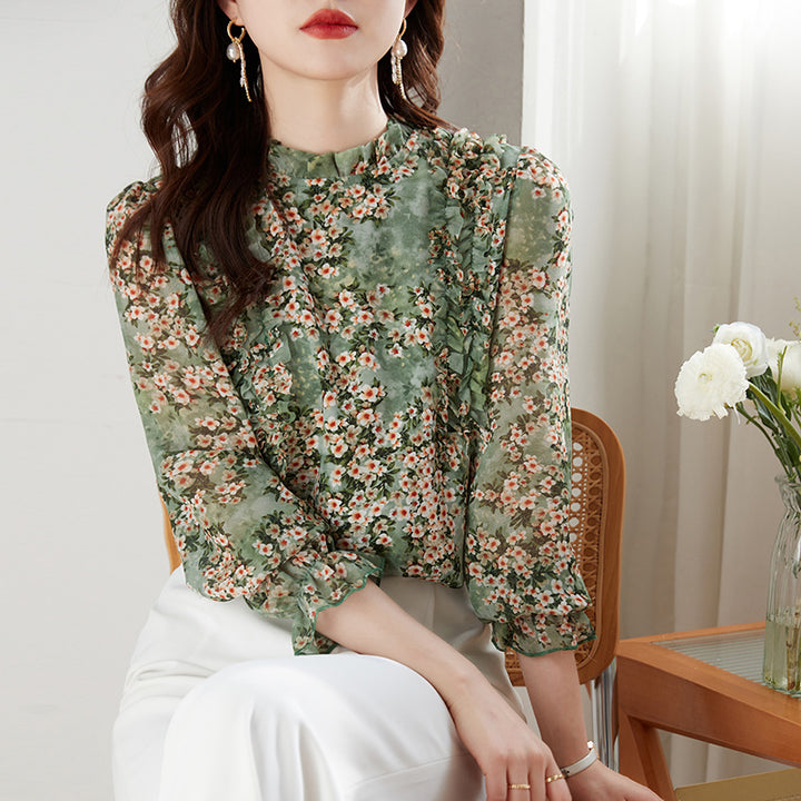 Women's Long Sleeved New Chiffon Printed Top Westernized Small Shirt