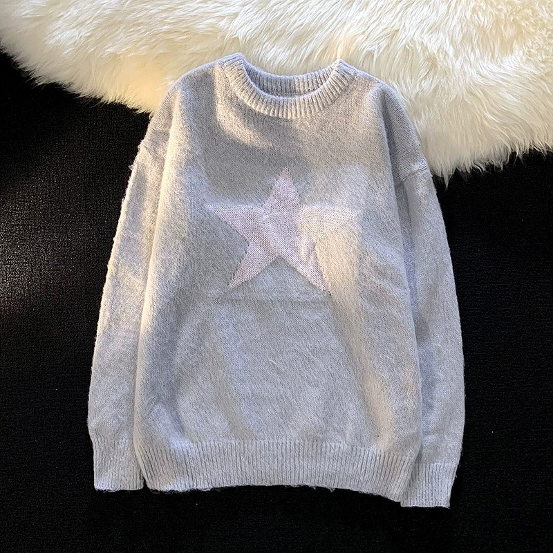 Autumn Star Print Round Neck BF Pullover Sweater