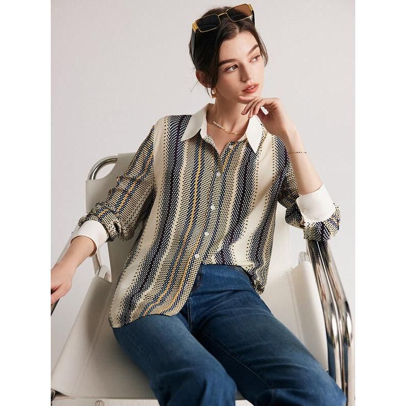 striped mulberry silk blouse, view 3 - MRSLM
