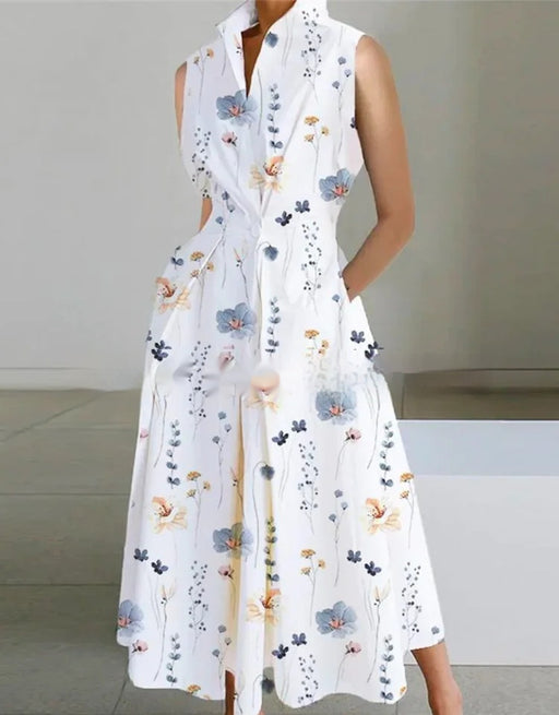 stand-up collar printed mid-length dress, view 11 - MRSLM