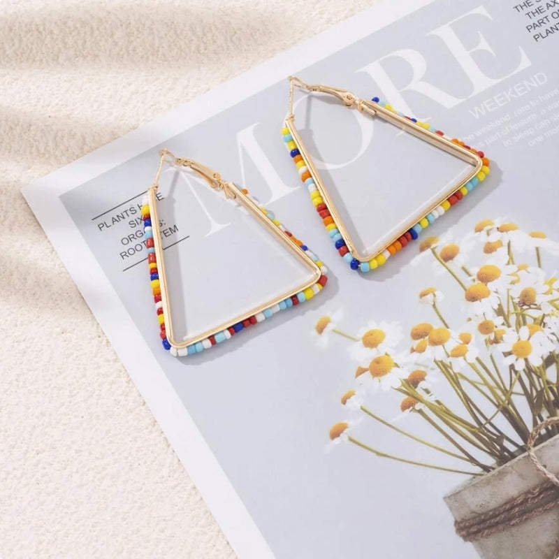colorful beaded triangle hoop earrings, view 4 - MRSLM