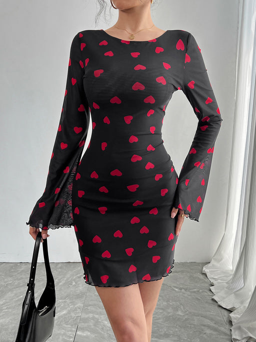 heart print flare sleeve backless mesh dress, view 6 - MRSLM