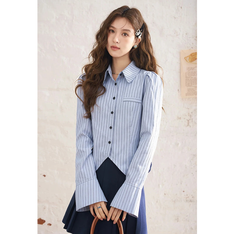 striped flared sleeve polo neck shirt, view 7 - MRSLM