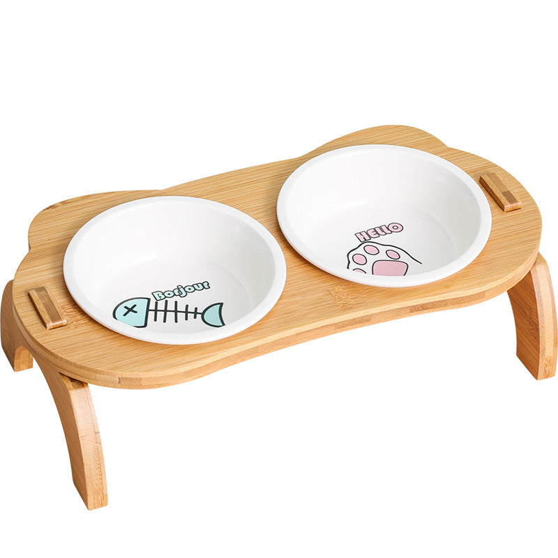elevated bamboo double cat and dog bowls, view 4 - MRSLM
