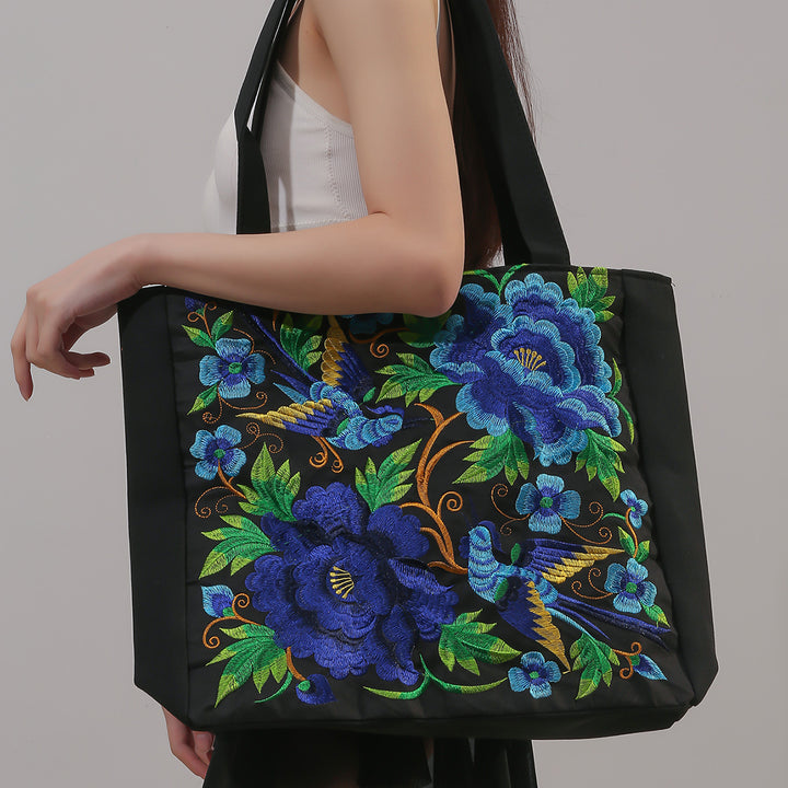 Elegant Phoenix Embroidered Canvas Shoulder Bag for Women