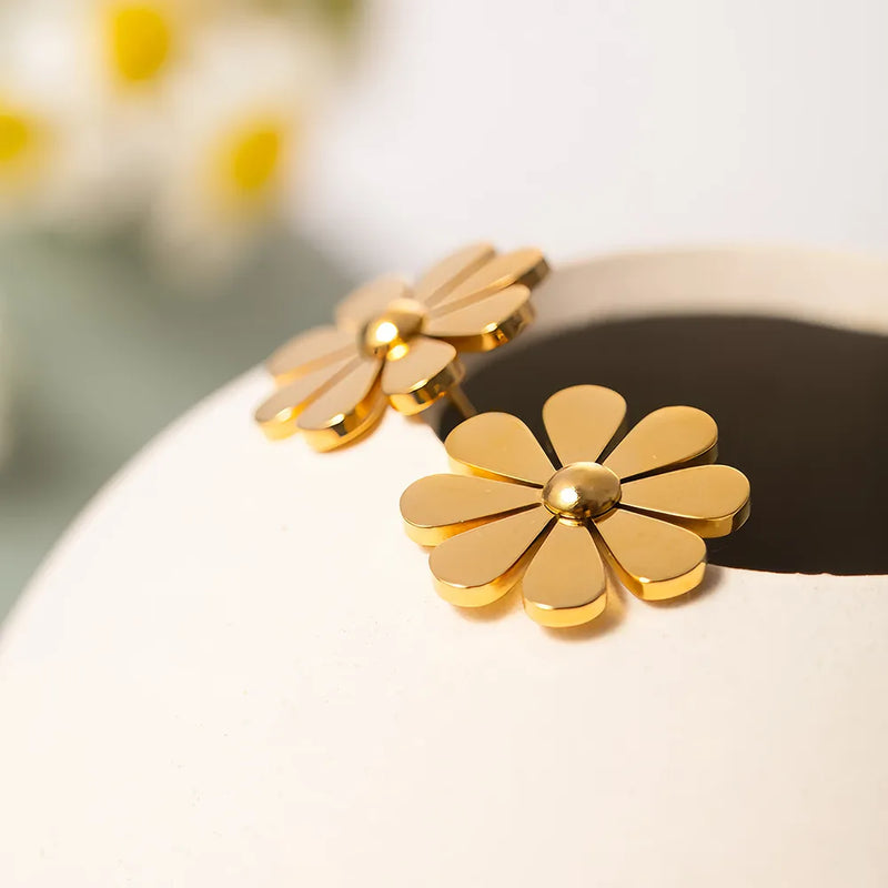 Stainless steel 18K PVD plated daisy stud earrings, view 8 - MRSLM