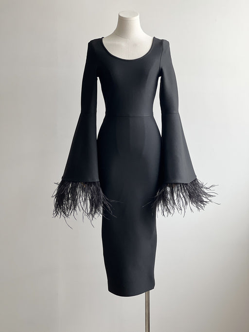 flared sleeve black dress, view 6 - MRSLM