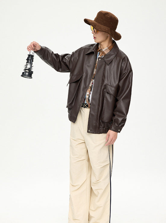 retro lapel pu leather jacket men, view 10 - MRSLM