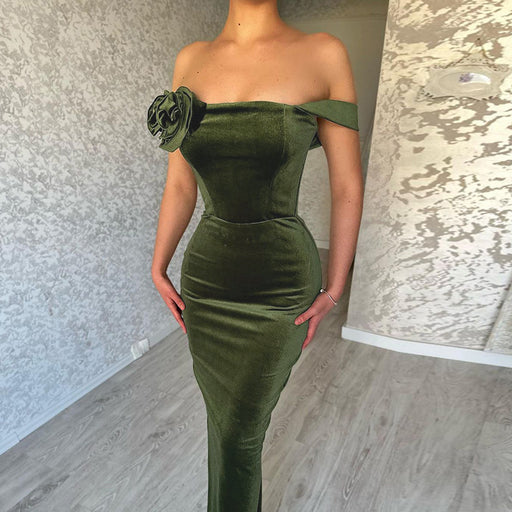 velvet flower off-shoulder dress - MRSLM