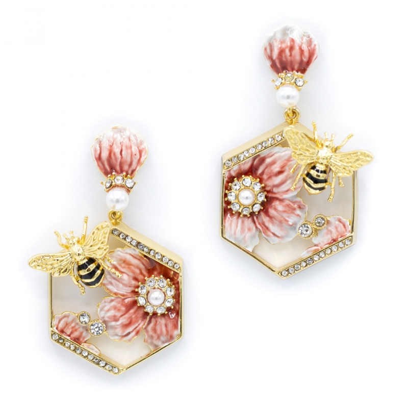 Cartoon Fairy Tale Style Enamel Painted Flower Petals Small Bee Inlaid Jewel Earrings