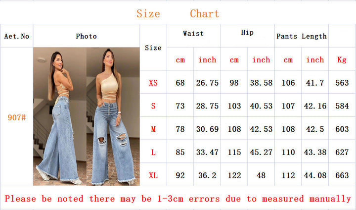 Light Color And Water Scrubbing New High Waist Retro Loose Hole Wide Leg Pants For Women