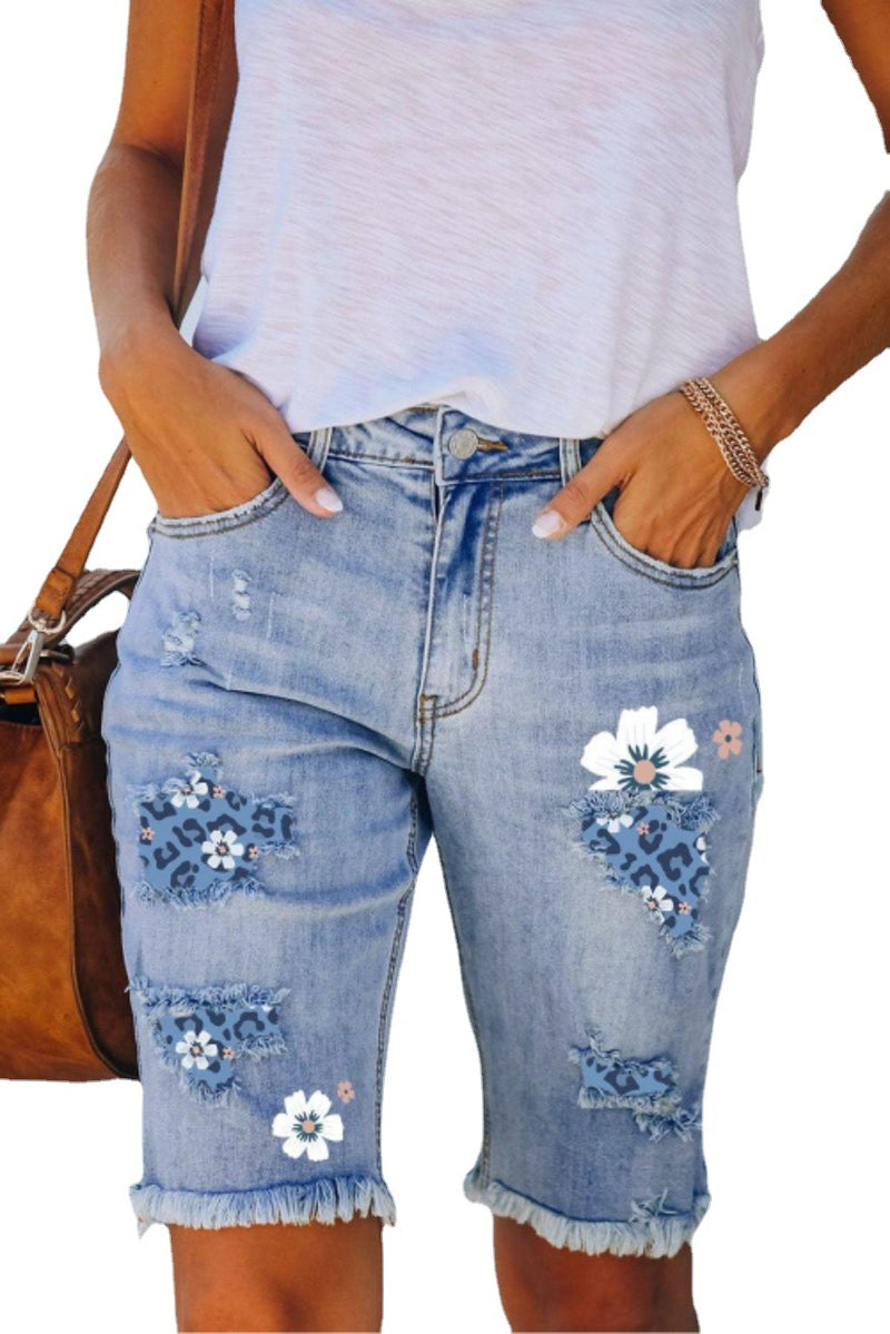 women's ripped print denim shorts, view 9 - MRSLM