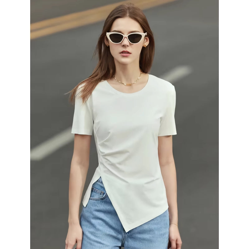 minimalist asymmetric o-neck short sleeve tee, view 5 - MRSLM