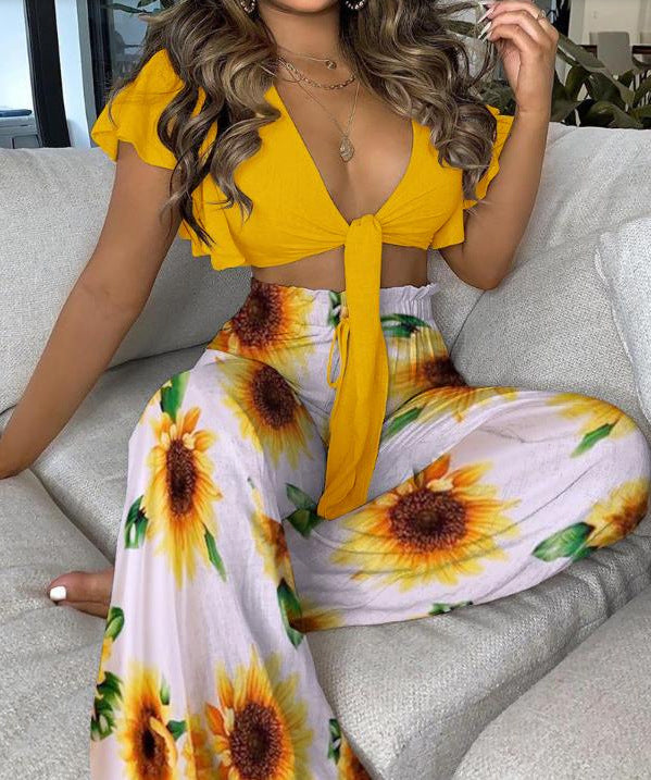 women's printed lace-up top and trousers set, view 5 - MRSLM