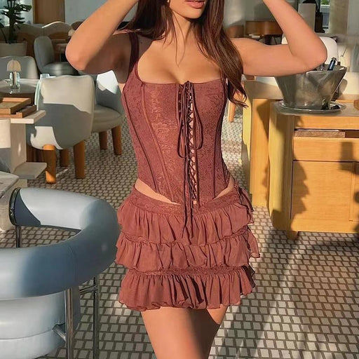 two-piece ruched top and pleated skirt set, view 2 - MRSLM