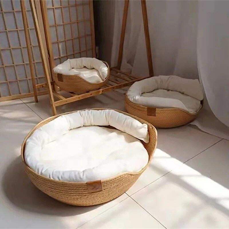 Handwoven cat nest bed with cushion, view 6 - MRSLM