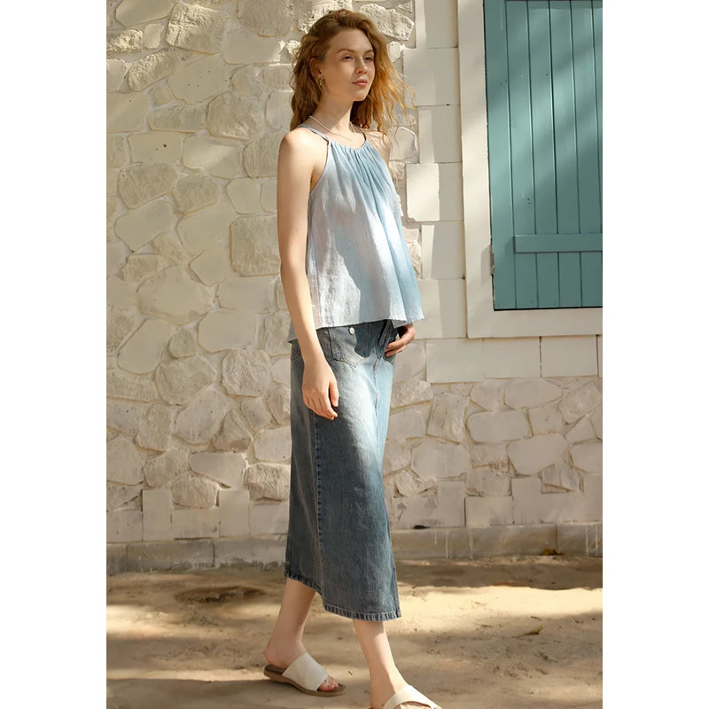 blue striped linen halter crop top, view 8 - MRSLM