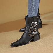 genuine leather square toe chunky heel ankle boots, view 3 - MRSLM