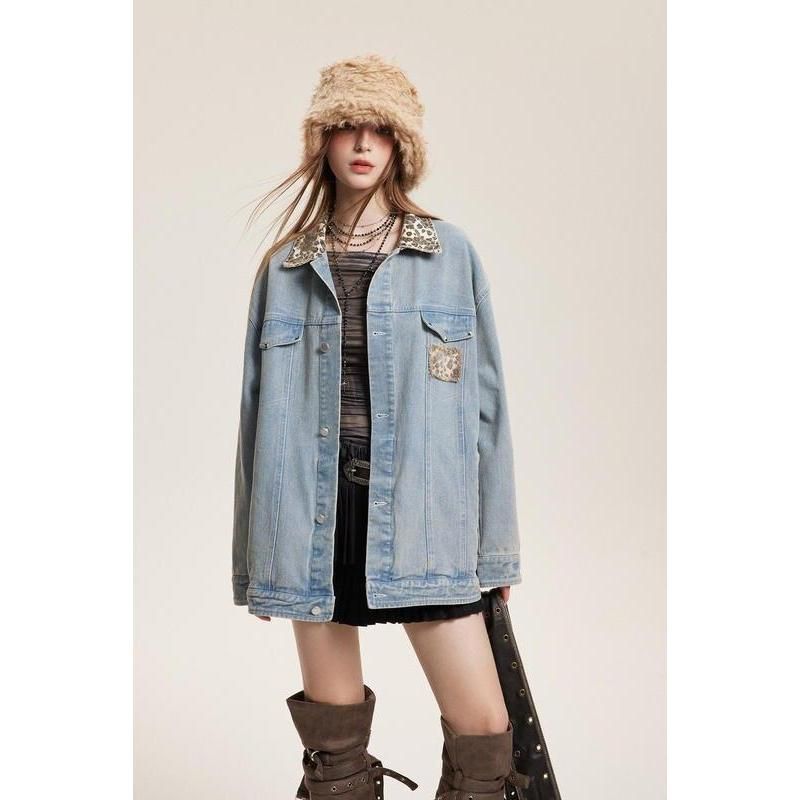 leopard patchwork denim jacket, view 8 - MRSLM