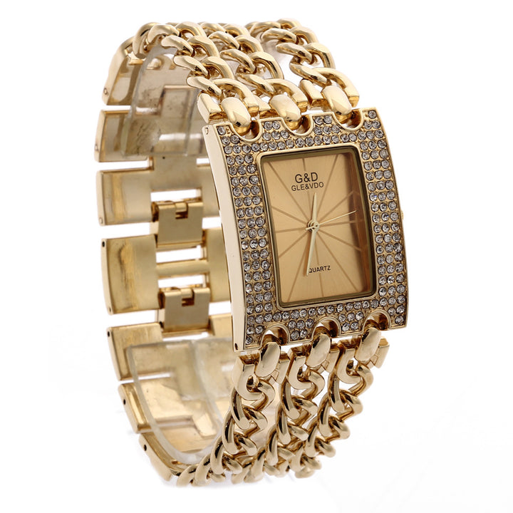 Women's Quartz Watch With Diamonds Three Links Gold And Rhinestones