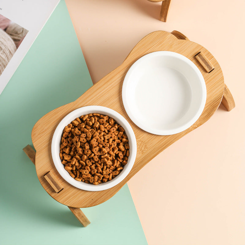 elevated bamboo double cat and dog bowls, view 9 - MRSLM