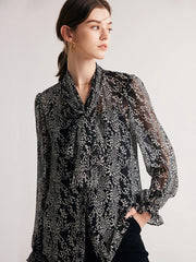 black printed silk blouse with bow collar, view 2 - MRSLM
