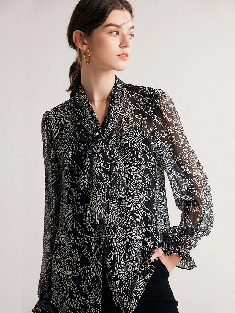 black printed silk blouse with bow collar, view 2 - MRSLM