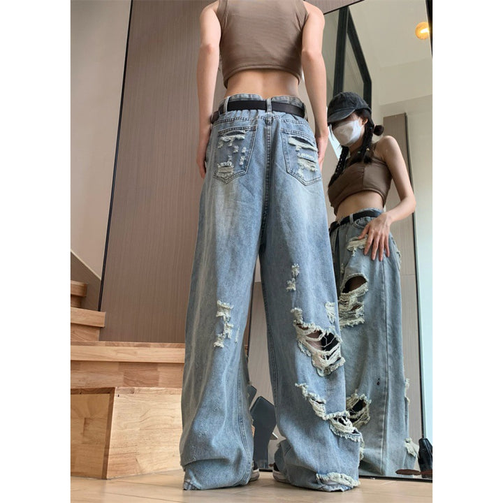 Large Size High Street Wide Leg Beggar Ripped Jeans Women's Retro