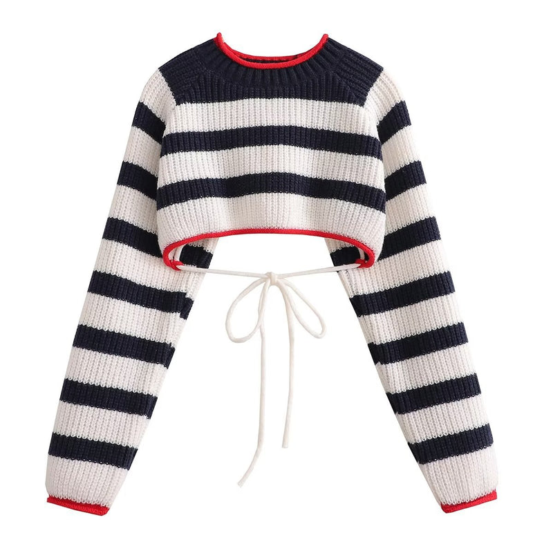 Women's lace-up striped plaid sweater, view 9 - MRSLM