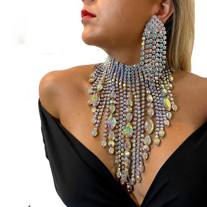 Rhinestone Necklace Set Female Exaggerated Tassel Earrings