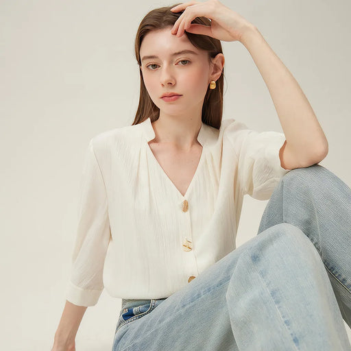 french v-neck loose shirt, view 2 - MRSLM