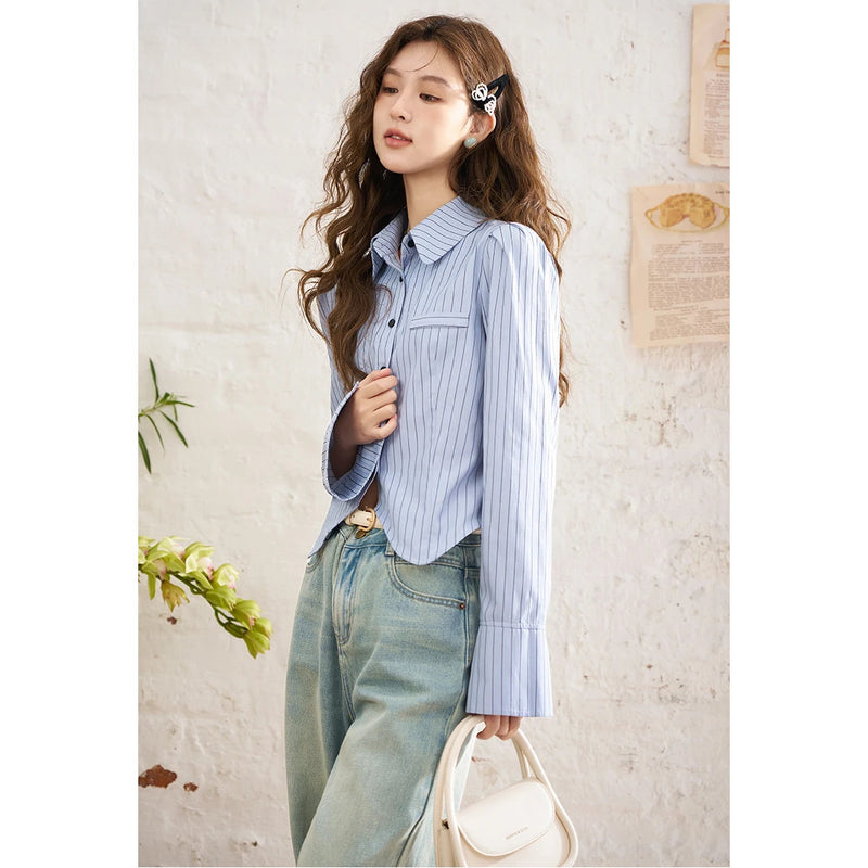 striped flared sleeve polo neck shirt, view 4 - MRSLM
