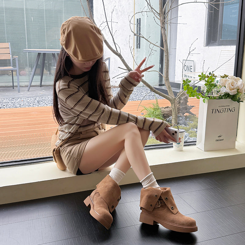 Women's Suede Platform Buckle Biker Boots
