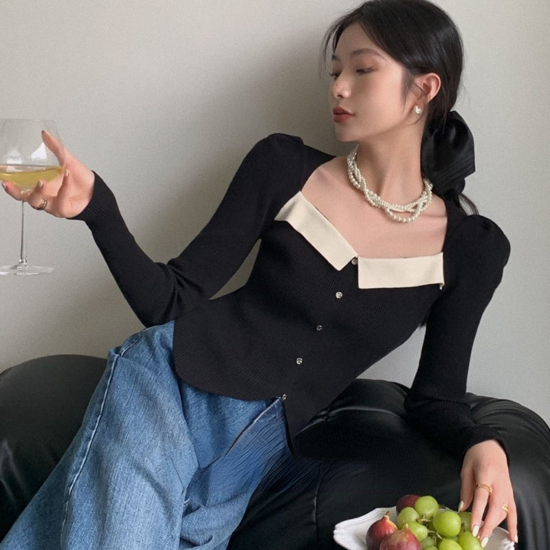 women's color-blocked square collar puff sleeve sweater, view 4 - MRSLM