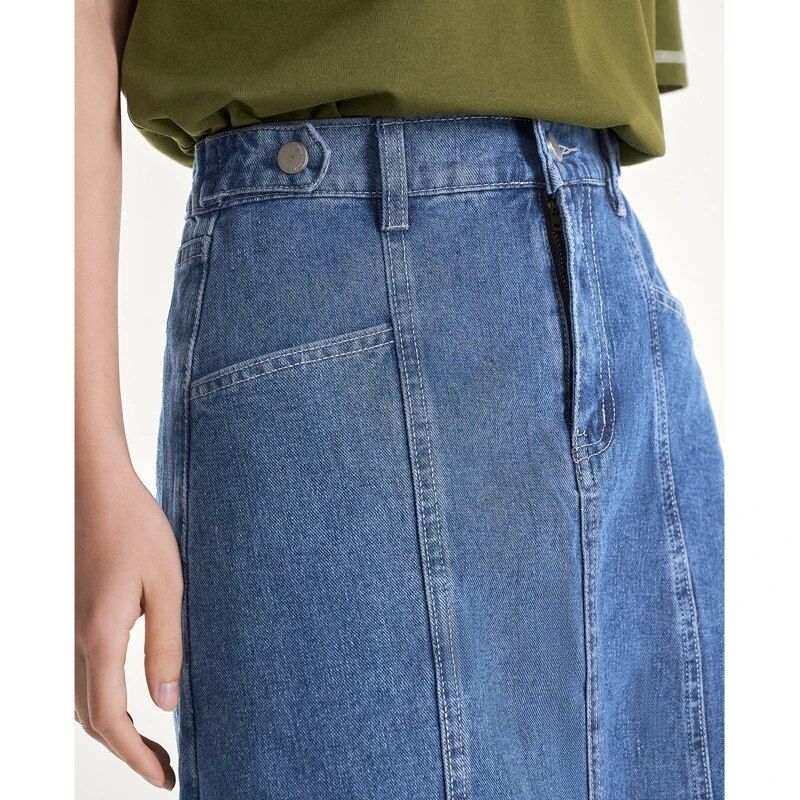 women's blue denim A-line skirt, view 5 - MRSLM