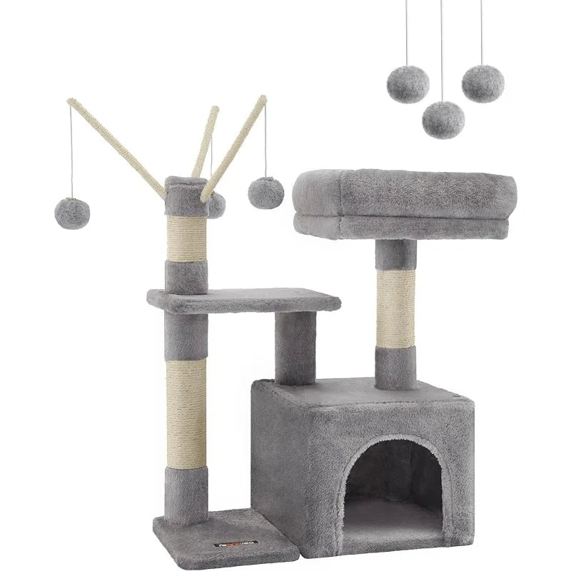 smoky gray cat tree with padded perch, view 2 - MRSLM
