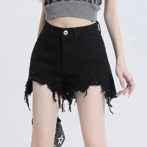high waist black denim shorts, view 3 - MRSLM