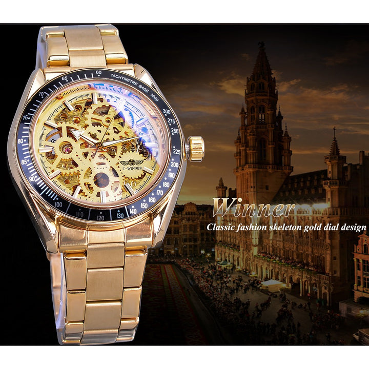 Men's Fashion Casual Steel Band Skeleton Mechanical Watch