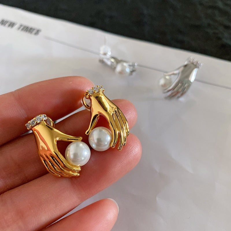 women's pearl small hand earrings, view 3 - MRSLM