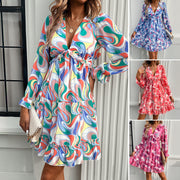 printed V-neck long-sleeve vacation dress - MRSLM