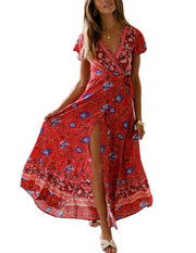 v-neck split bohemian print dress, view 6 - MRSLM