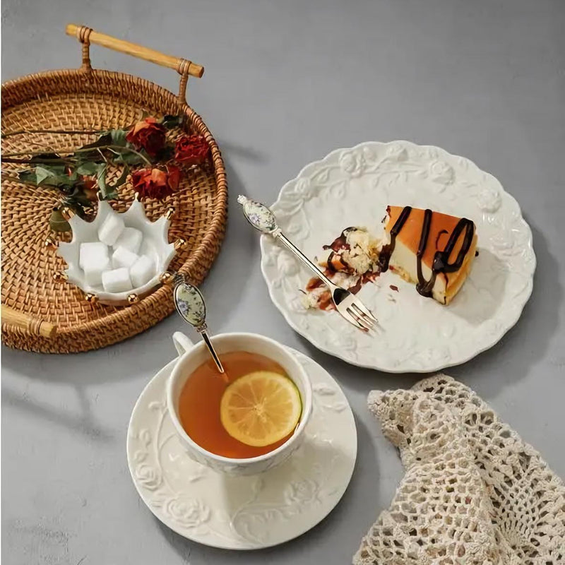 Embossed rose ceramic dessert plate, view 4 - MRSLM