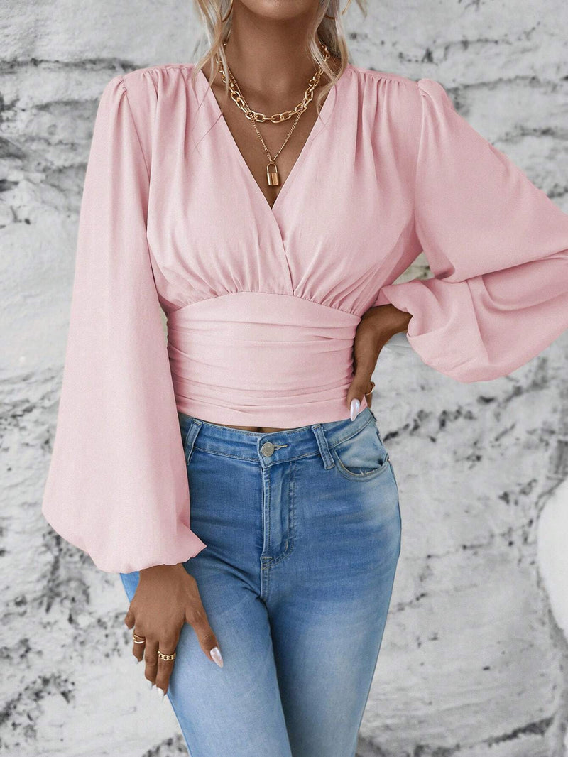 V-neck pleated long sleeve top, view 10 - MRSLM