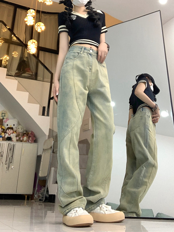 Distressed Yellow Mud Jeans Women's Loose Micro-flared Straight Casual