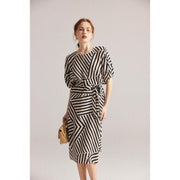 striped silk mid-calf dress, view 2 - MRSLM